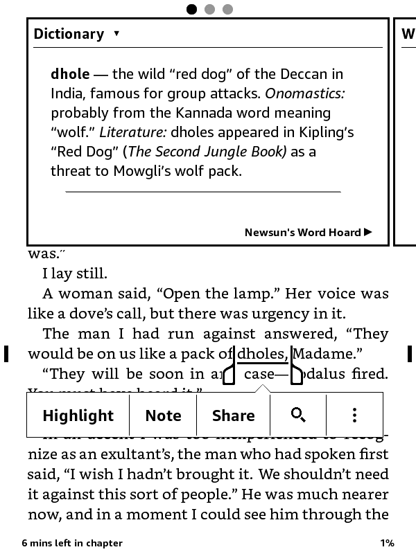 Word Hoard definition on Kindle screen screenshot of Kindle page with dholes definition on top